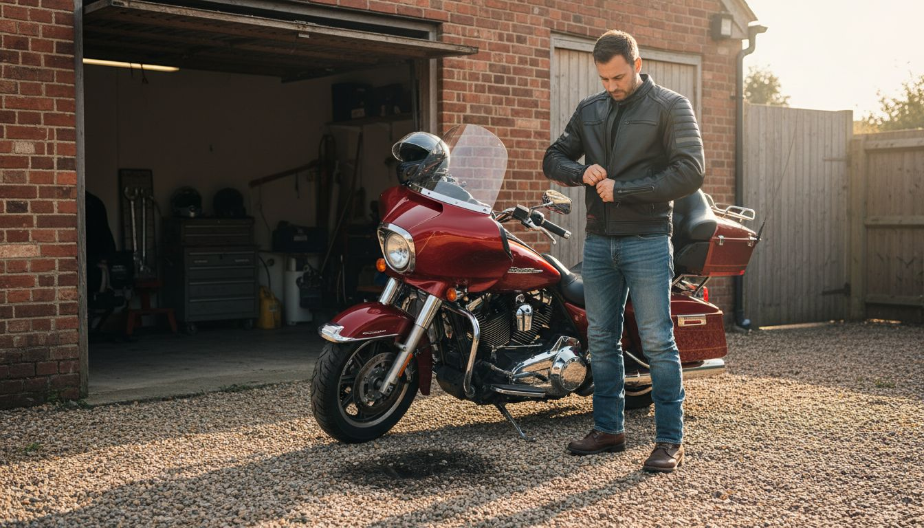 Motorcyclist adjusting jacket fit outdoors