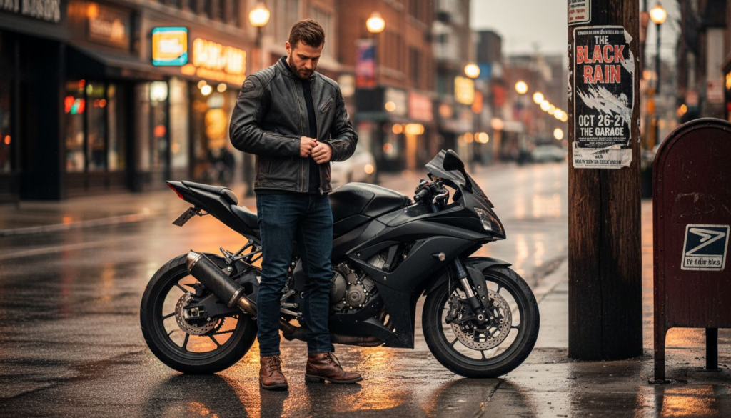 Stylish rider zipping black biker jacket on street