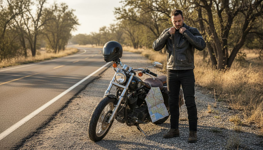 Motorcycle rider adjusting jacket beside highway