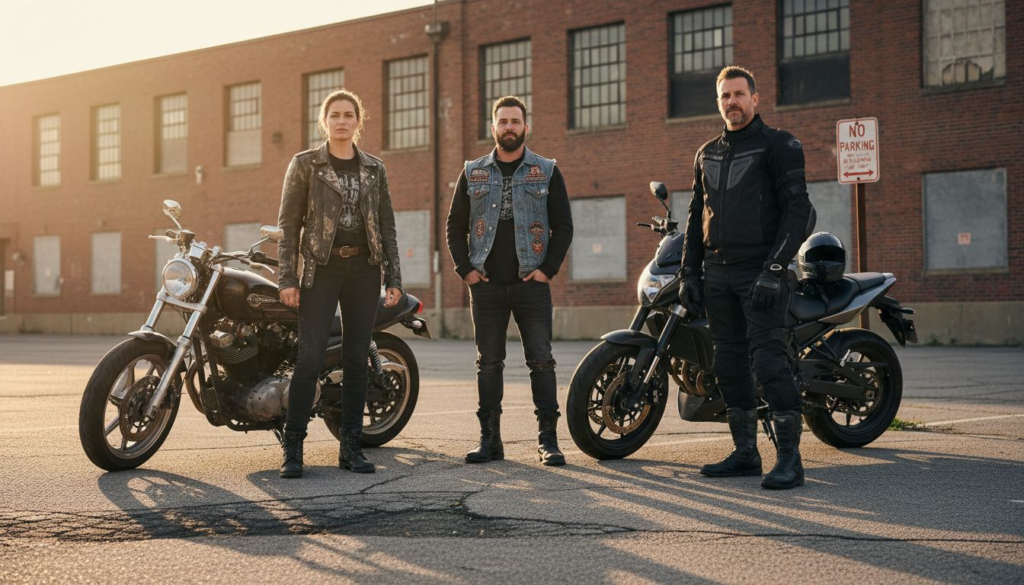 Bikers displaying essential motorcycle gear outdoors