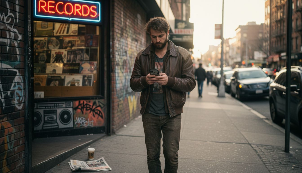 Man in leather retro jacket on street