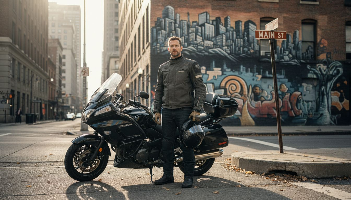 Motorcyclist wearing safety gear on city street