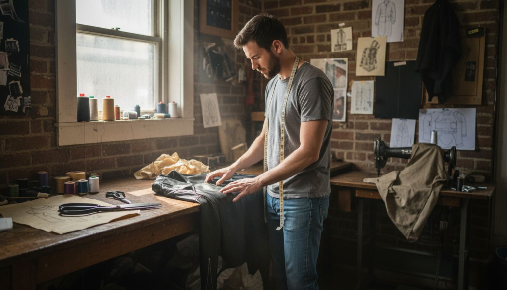 Tailor examining jacket for customization