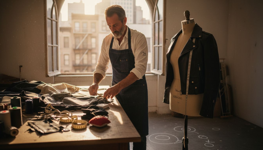 Tailor measuring custom motorcycle jacket in studio