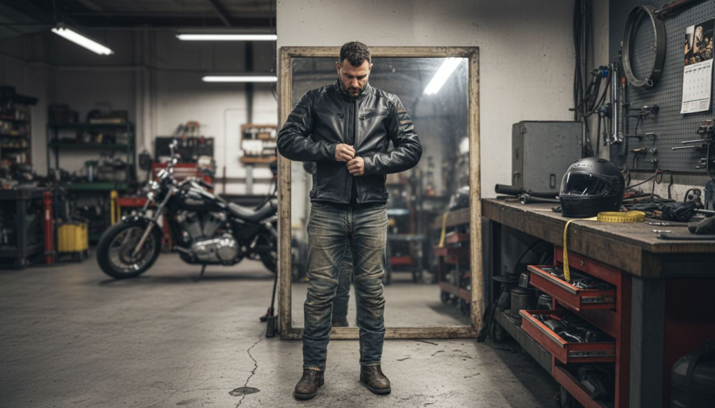 Man fitting motorcycle jacket in workshop