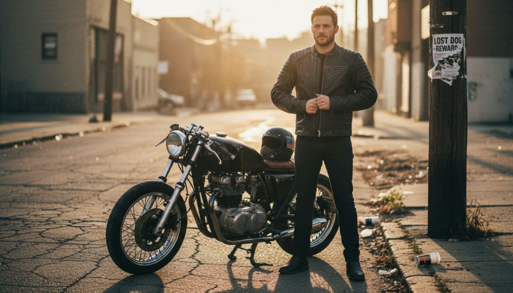 Motorcycle rider donning custom jacket street