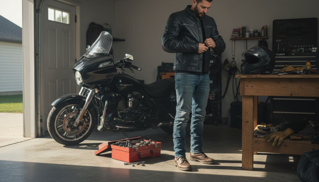 Motorcyclist adjusting protective jacket in garage
