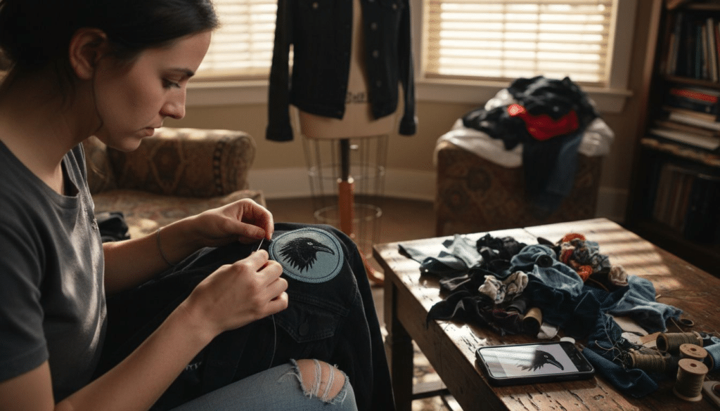 Woman sewing patch on denim jacket