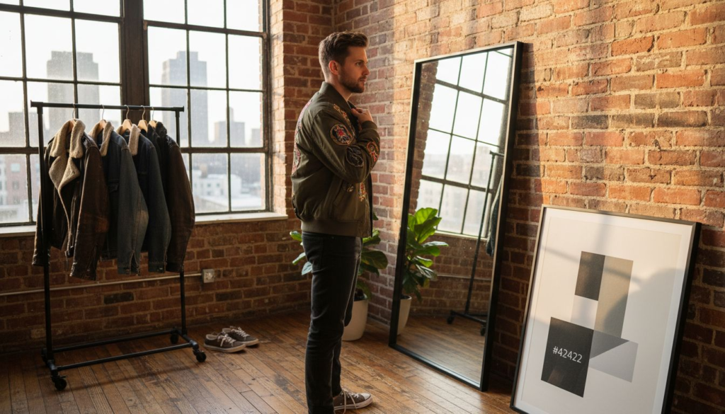 Man adjusting bomber jacket in sunny studio