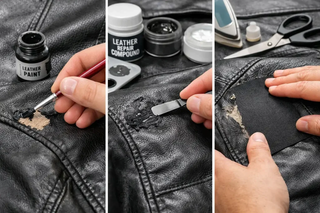Repairing a leather jacket with paint, compound, and patch