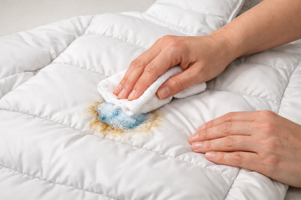 Cleaning a stain on a white jacket with a damp cloth.