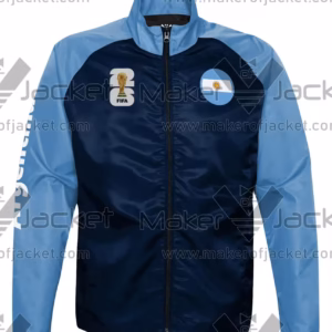 Argentina FIFA World Cup 2026 Training Satin Jacket front in blue with team logos and zip-up collar.