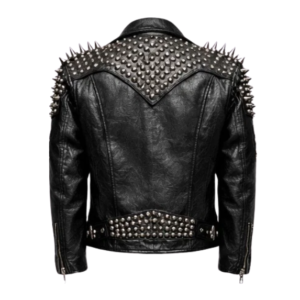 Back view black studded leather jacket with spikes