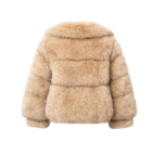 Beige faux fur jacket back view studio product shot