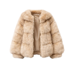 Beige faux fur jacket front view studio product shot