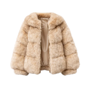 Beige faux fur jacket front view studio product shot