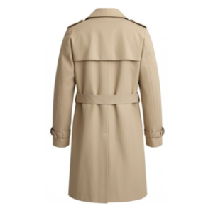 Beige trench coat back view with waist belt detail