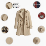 Beige trench coat design features and material options chart