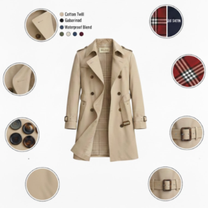 Beige trench coat design features and material options chart
