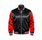 Black and red satin jacket front view studio shot