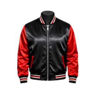 Black and red satin jacket front view studio shot