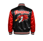 Black and red satin varsity jacket back with dragon graphic