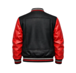 Black and red varsity bomber jacket back view studio