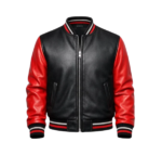 Black and red varsity bomber jacket front view studio