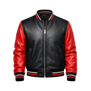 Black and red varsity bomber jacket front view studio