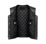 Black leather vest interior quilted lining and snap closure