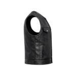 Black leather vest side profile showing arm opening and fit