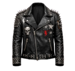 Black spiked leather biker jacket with skull and star patches