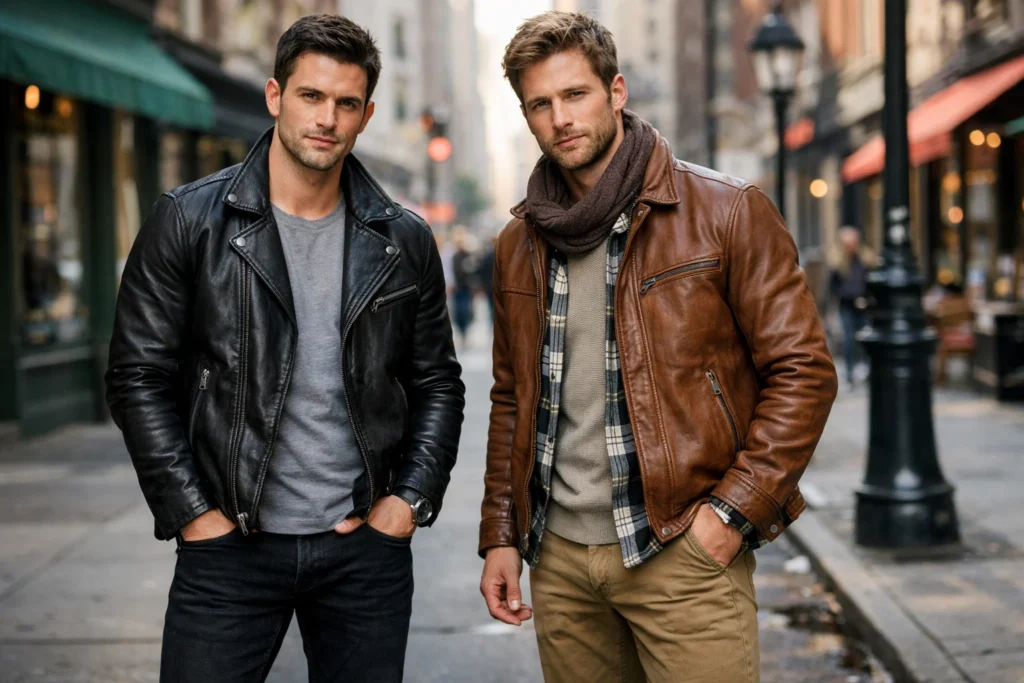 Two men in leather jackets on a city street