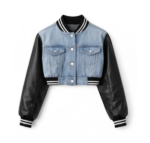 Cropped denim leather varsity jacket studio front view