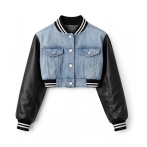 Cropped denim leather varsity jacket studio front view
