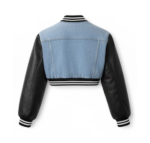 Cropped denim varsity jacket back view black sleeves