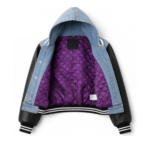 Cropped varsity jacket open showing purple inner lining
