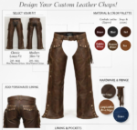 Custom leather chaps design guide with color and material options
