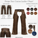 Custom leather chaps design guide with color and material options