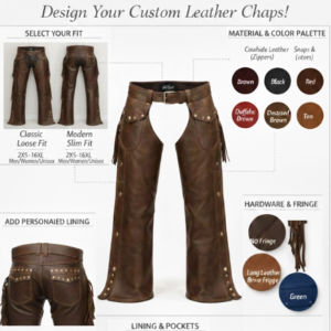Custom leather chaps design guide with color and material options