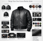 Custom bomber jacket design options infographic layout