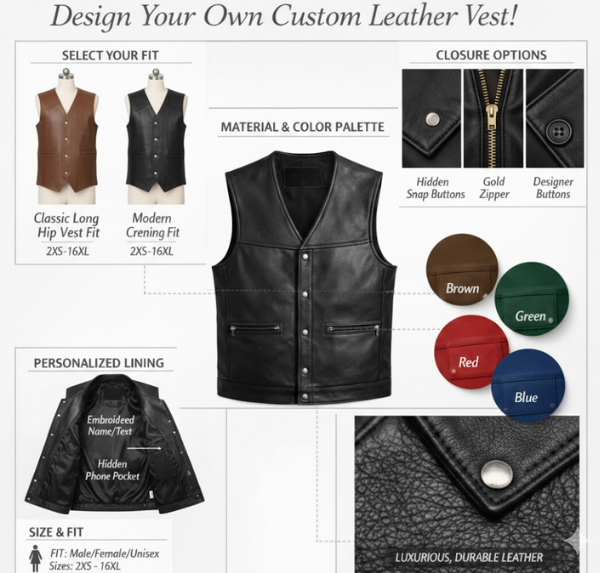 Custom leather vest design layout with color and style options Custom leather vest design layout with color and style options