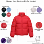 Customize Puffer Jacket showing a red puffer jacket with selectable color swatches and design options.