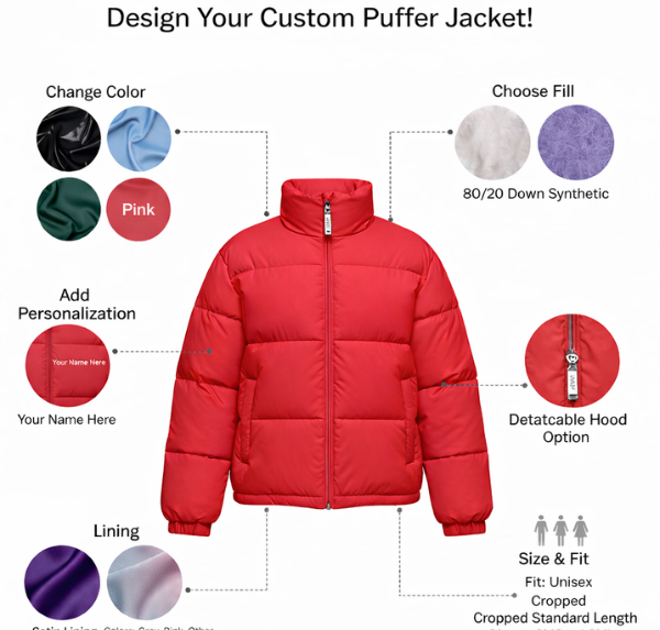 Customize Puffer Jacket Customize Puffer Jacket showing a red puffer jacket with selectable color swatches and design options.