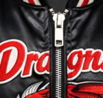 Dragon logo embroidery close up on custom satin varsity jacket chest
