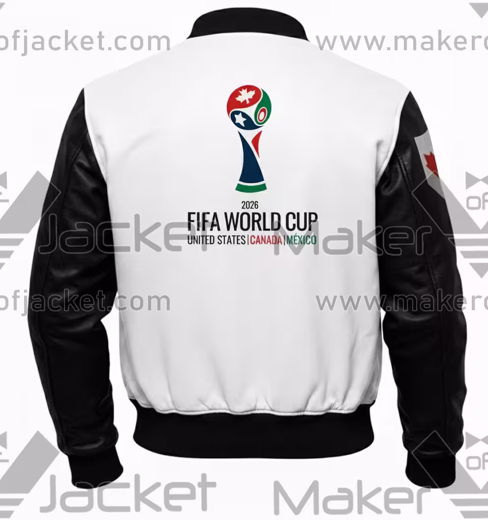FIFA World Cup 2026 Canada leather jacket back view featuring United States Canada Mexico text and official World Cup logo