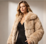 Female model wearing beige fur jacket studio portrait