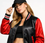 Female model wearing black red custom satin varsity jacket and cap