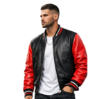 Male model wearing black and red varsity bomber jacket