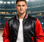Male model wearing black red custom satin varsity jacket portrait shot